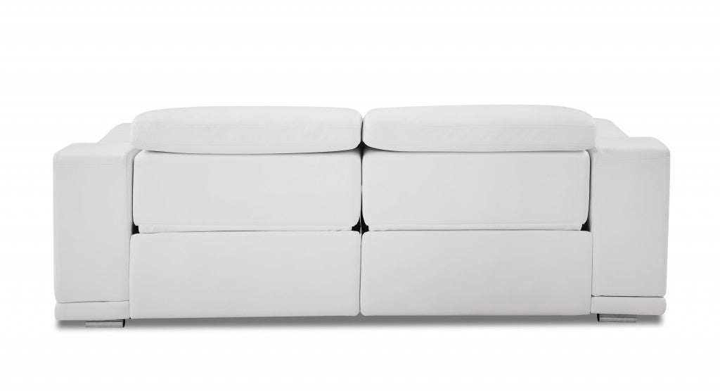 86" White Italian Leather USB Sofa With Silver Legs
