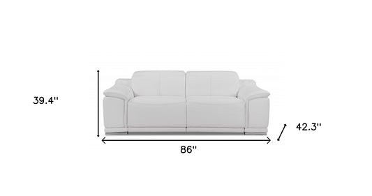 86" White Italian Leather USB Sofa With Silver Legs