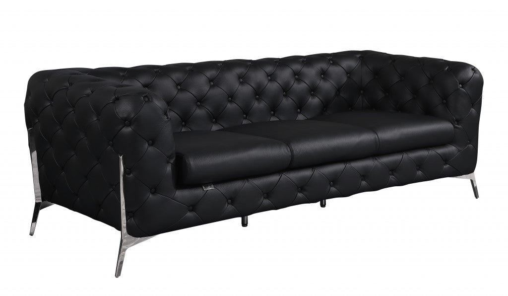 93" Black Italian Leather Sofa With Silver Legs
