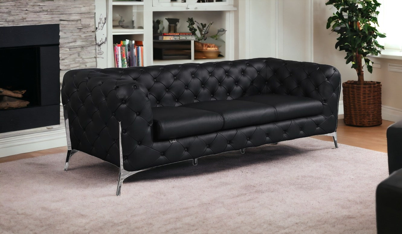 93" Black Italian Leather Sofa With Silver Legs