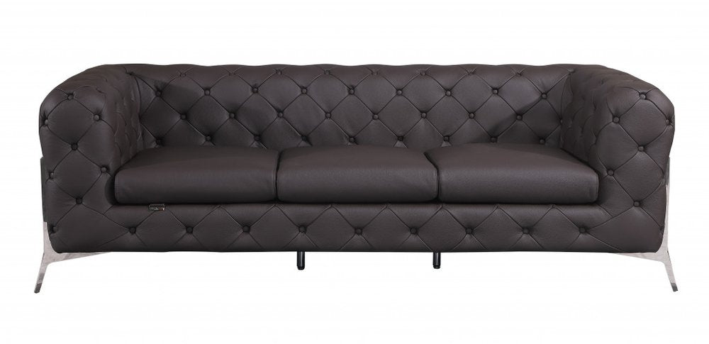 93" brown Italian leather Chesterfield sofa with silver legs