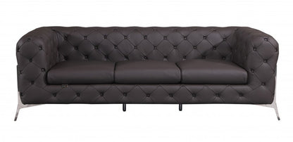 93" brown Italian leather Chesterfield sofa with silver legs