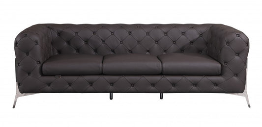 93" brown Italian leather Chesterfield sofa with silver legs
