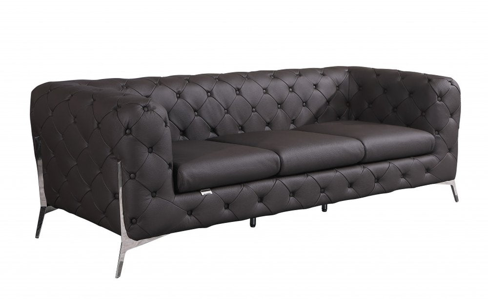 93" brown Italian leather Chesterfield sofa with silver legs