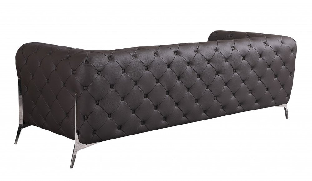 93" brown Italian leather Chesterfield sofa with silver legs