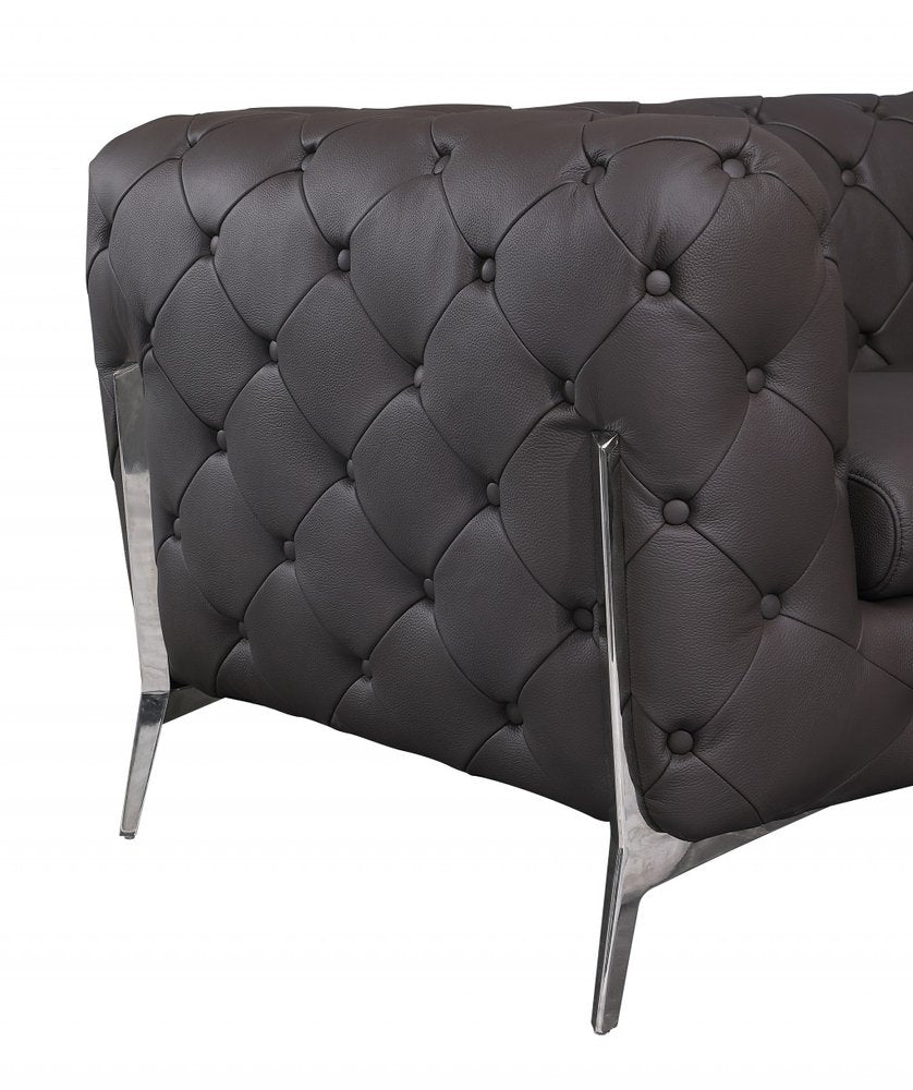 Brown Italian leather Chesterfield sofa with silver legs, 93 inches long.