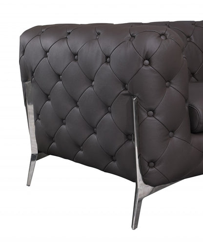 Brown Italian leather Chesterfield sofa with silver legs, 93 inches long.