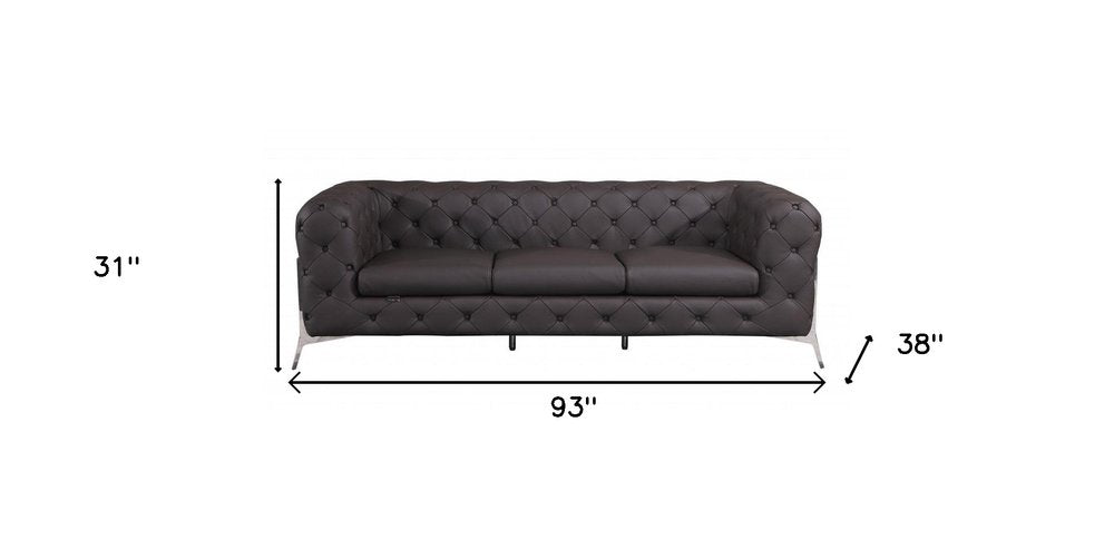 93" Brown Italian leather Chesterfield sofa with tufted upholstery and silver legs.