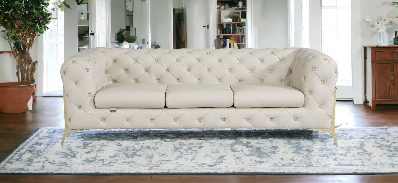 93" Beige Italian Leather Sofa With Silver Legs