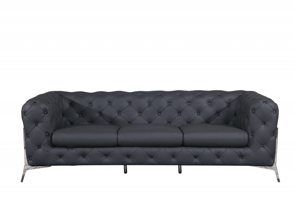 93" Gray Italian Leather Sofa With Silver Legs