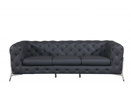 93" Gray Italian Leather Sofa With Silver Legs