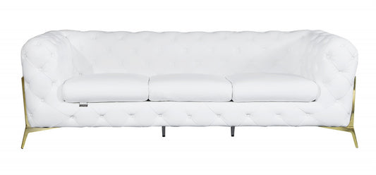 93" White Italian Leather Sofa With Silver Legs