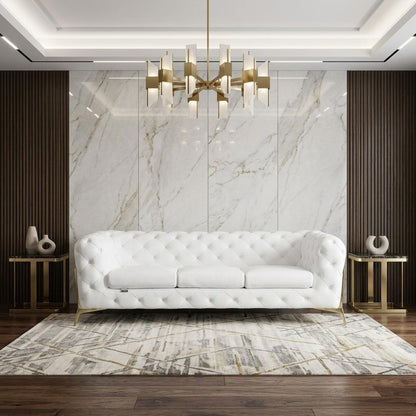 93" White Italian Leather Chesterfield Sofa With Silver Legs