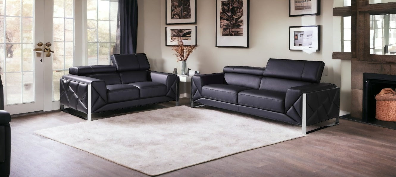 Two Piece Indoor Black Italian Leather Five Person Seating Set