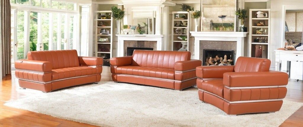 Three Piece Indoor Camel Italian Leather Six Person Seating Set