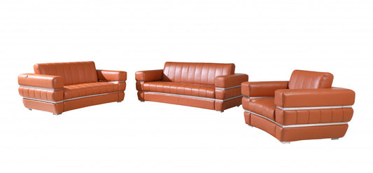 Three Piece Indoor Camel Italian Leather Six Person Seating Set