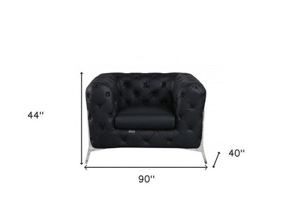 Three Piece Indoor Black Italian Leather Six Person Seating Set