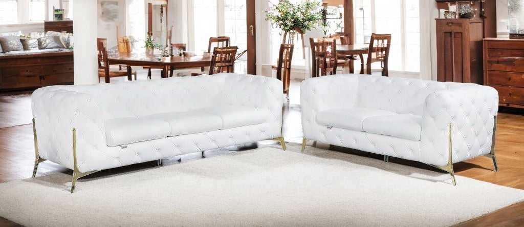 Two Piece Indoor White Italian Leather Five Person Seating Set