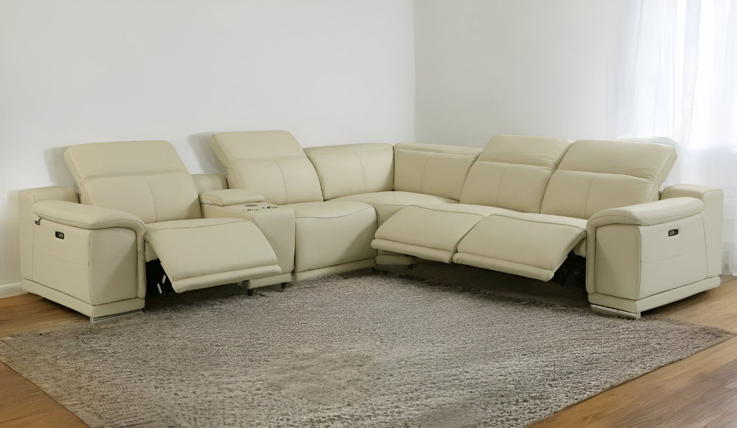 Beige Italian Leather Power Reclining U Shaped Six Piece Corner Sectional With Console