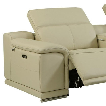 Beige Italian Leather Power Reclining U Shaped Six Piece Corner Sectional With Console