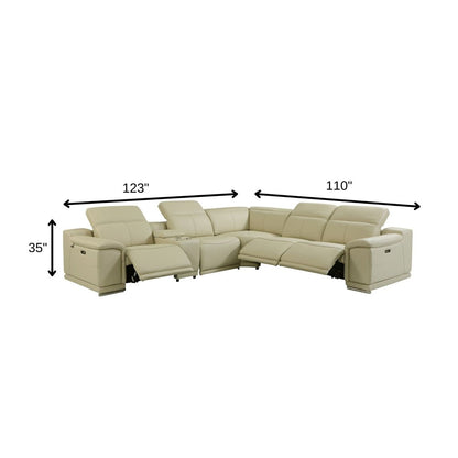 Beige Italian Leather Power Reclining U Shaped Six Piece Corner Sectional With Console