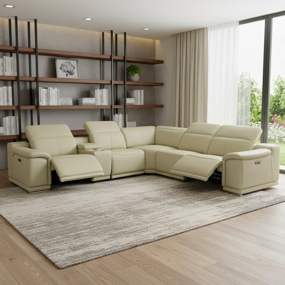 Beige Italian Leather Power Reclining U Shaped Six Piece Corner Sectional With Console