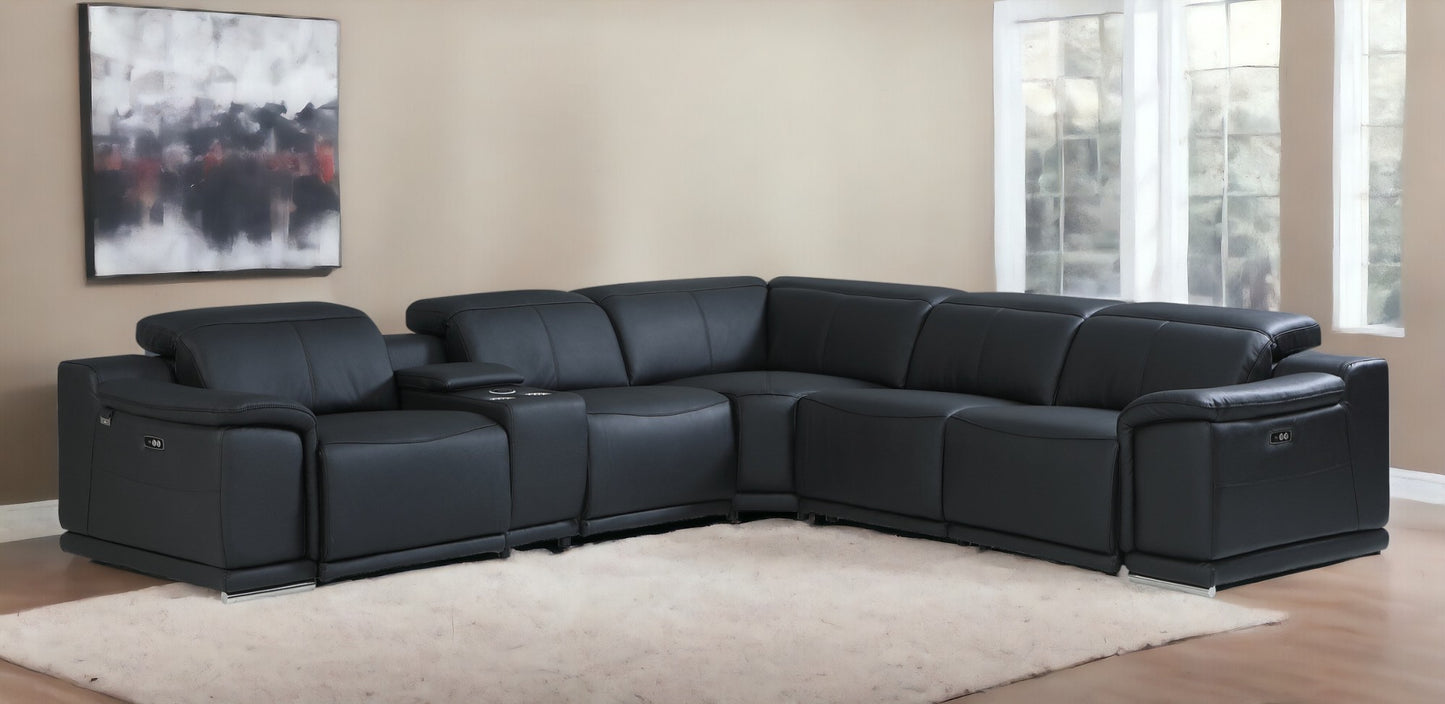 Black Italian Leather Power Reclining U Shaped Six Piece Corner Sectional With Console