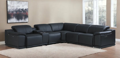 Black Italian Leather Power Reclining U Shaped Six Piece Corner Sectional With Console