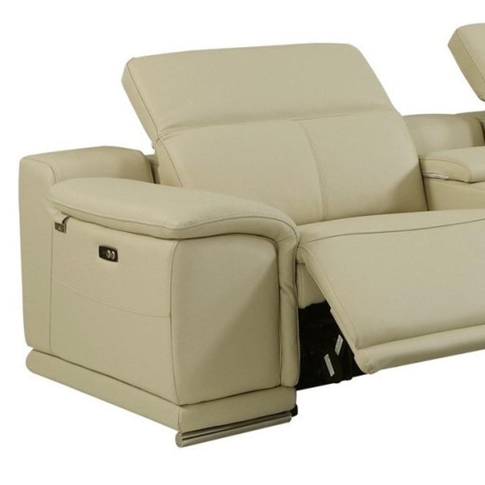 Beige Italian Leather Power Reclining U Shaped Seven Piece Corner Sectional With Console