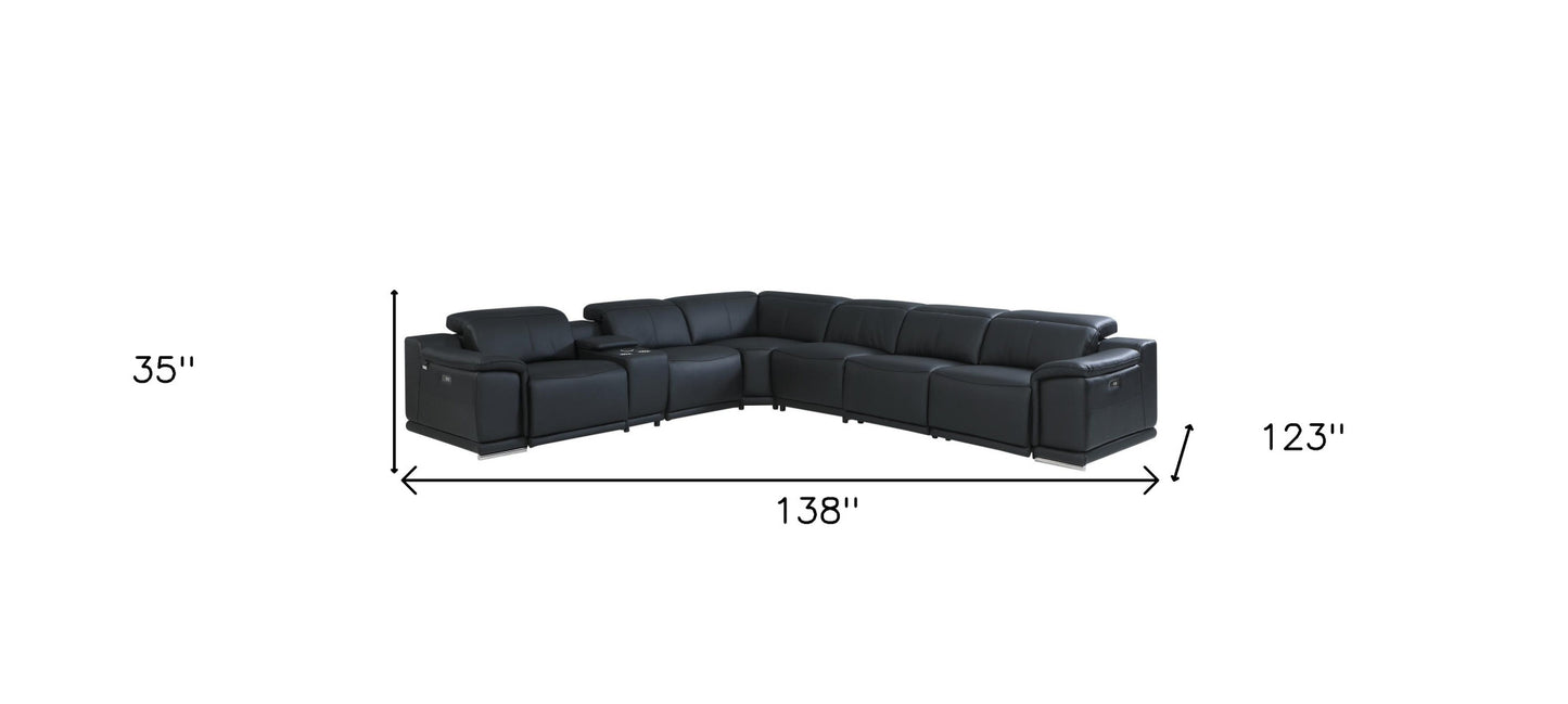 Black Italian Leather Power Reclining U Shaped Seven Piece Corner Sectional With Console