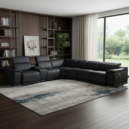 Black Italian Leather Power Reclining U Shaped Seven Piece Corner Sectional With Console