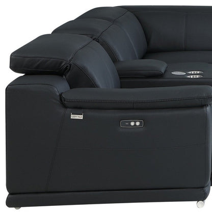 Black Italian Leather Power Reclining U Shaped Seven Piece Corner Sectional With Console