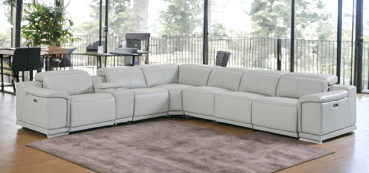 Light Gray Italian Leather Power Reclining U Shaped Seven Piece Corner Sectional With Console