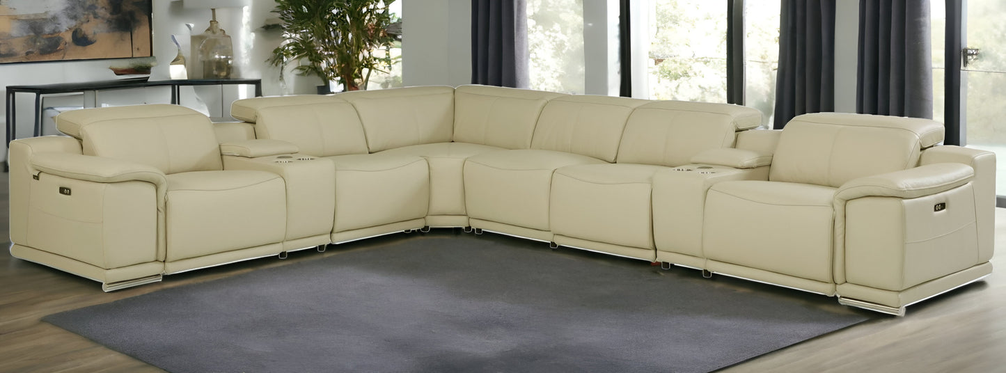 Beige Italian Leather Power Reclining U Shaped Eight Piece Corner Sectional With Console