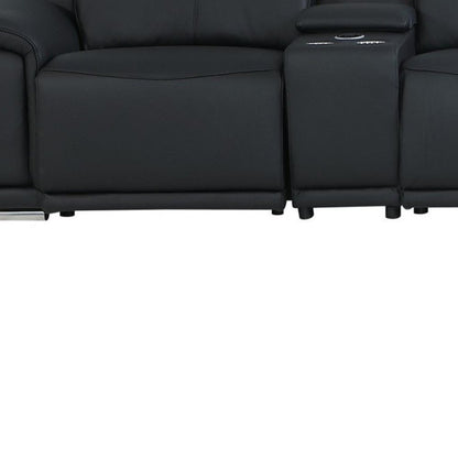 Black Italian Leather Power Reclining U Shaped Eight Piece Corner Sectional With Console