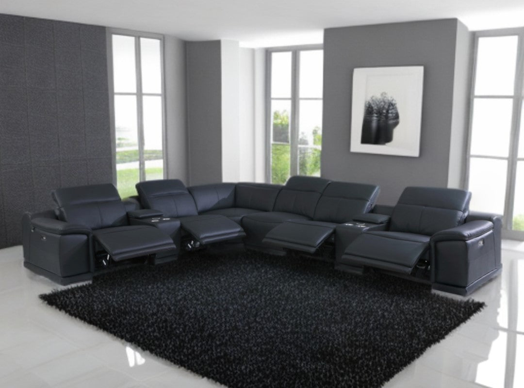 Black Italian Leather Power Reclining U Shaped Eight Piece Corner Sectional With Console