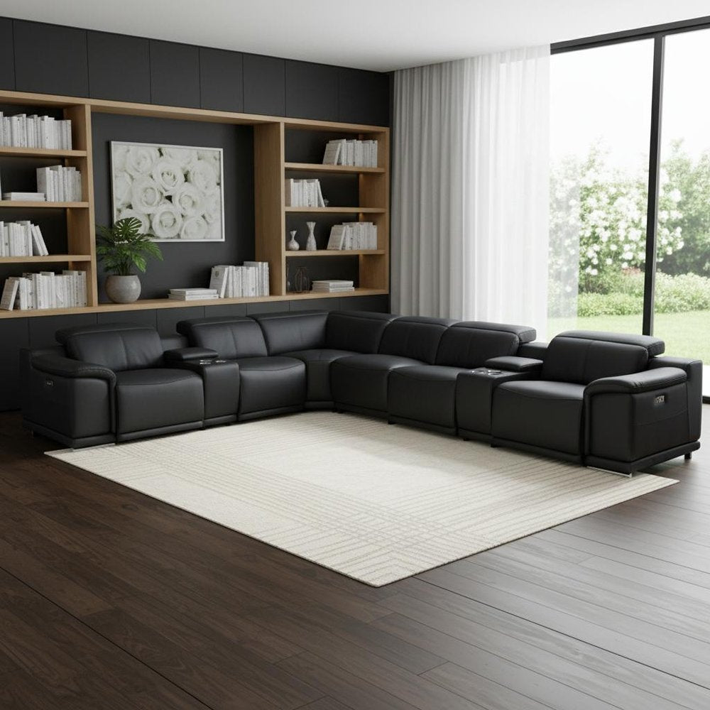 Black Italian Leather Power Reclining U Shaped Eight Piece Corner Sectional With Console