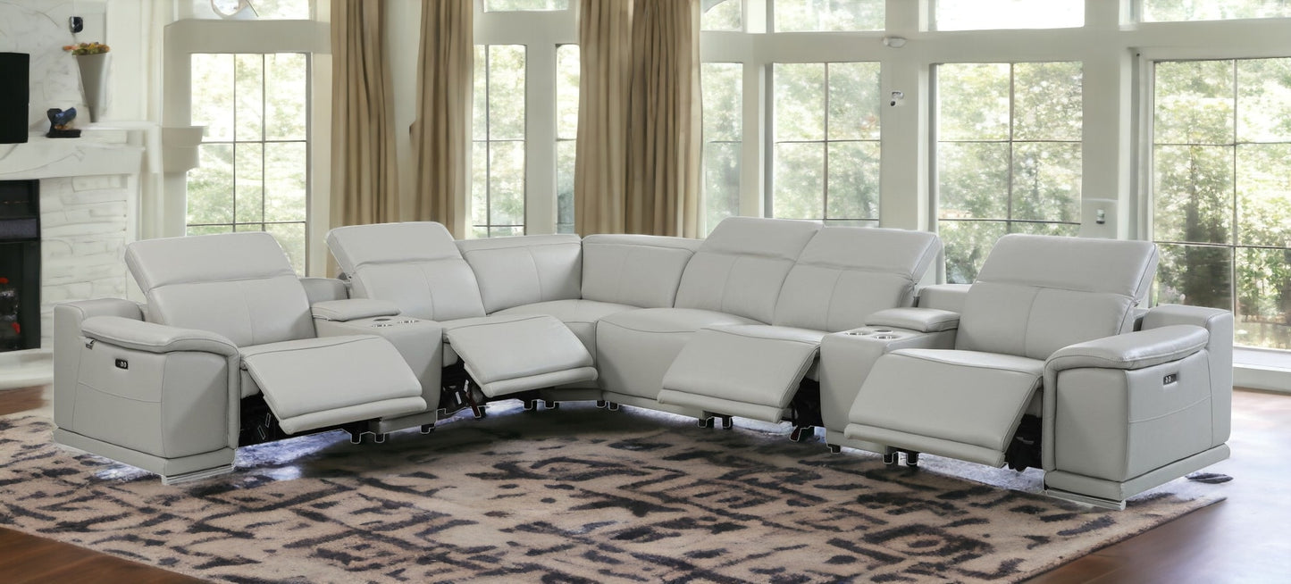 Light Gray Italian Leather Power Reclining U Shaped Eight Piece Corner Sectional With Console