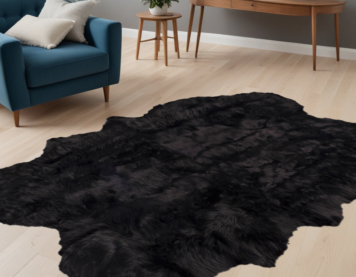 4' X 6' Black Faux Fur Washable Non Skid Area Rug