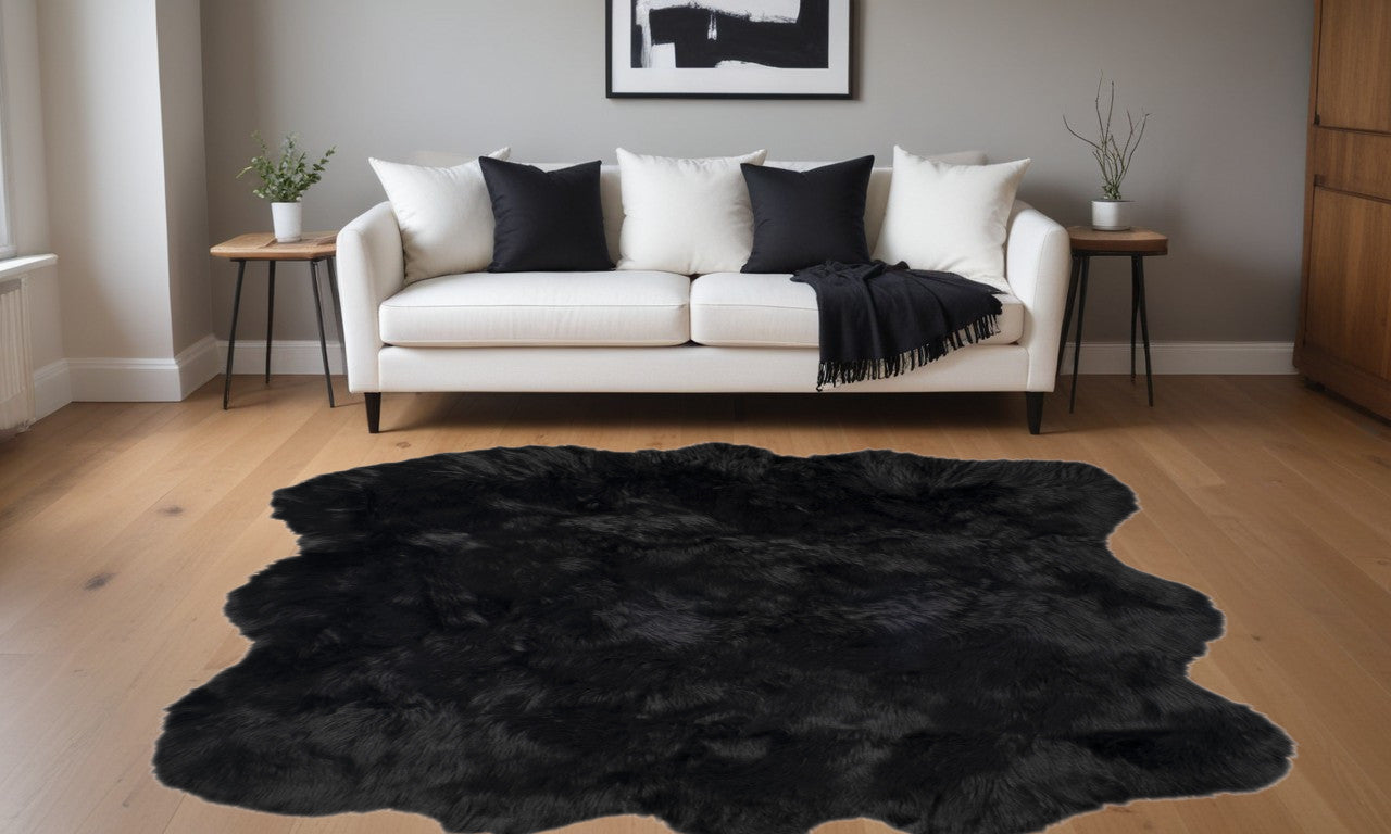 5' X 6' Black Faux Fur Washable Non Skid Area Rug