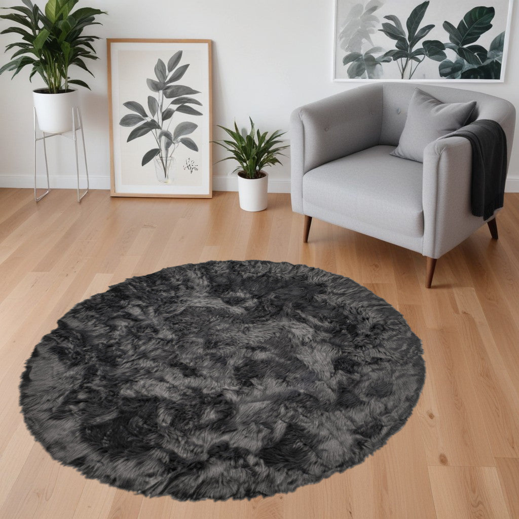 6' X 6' Grey Round Faux Fur Washable Non Skid Area Rug