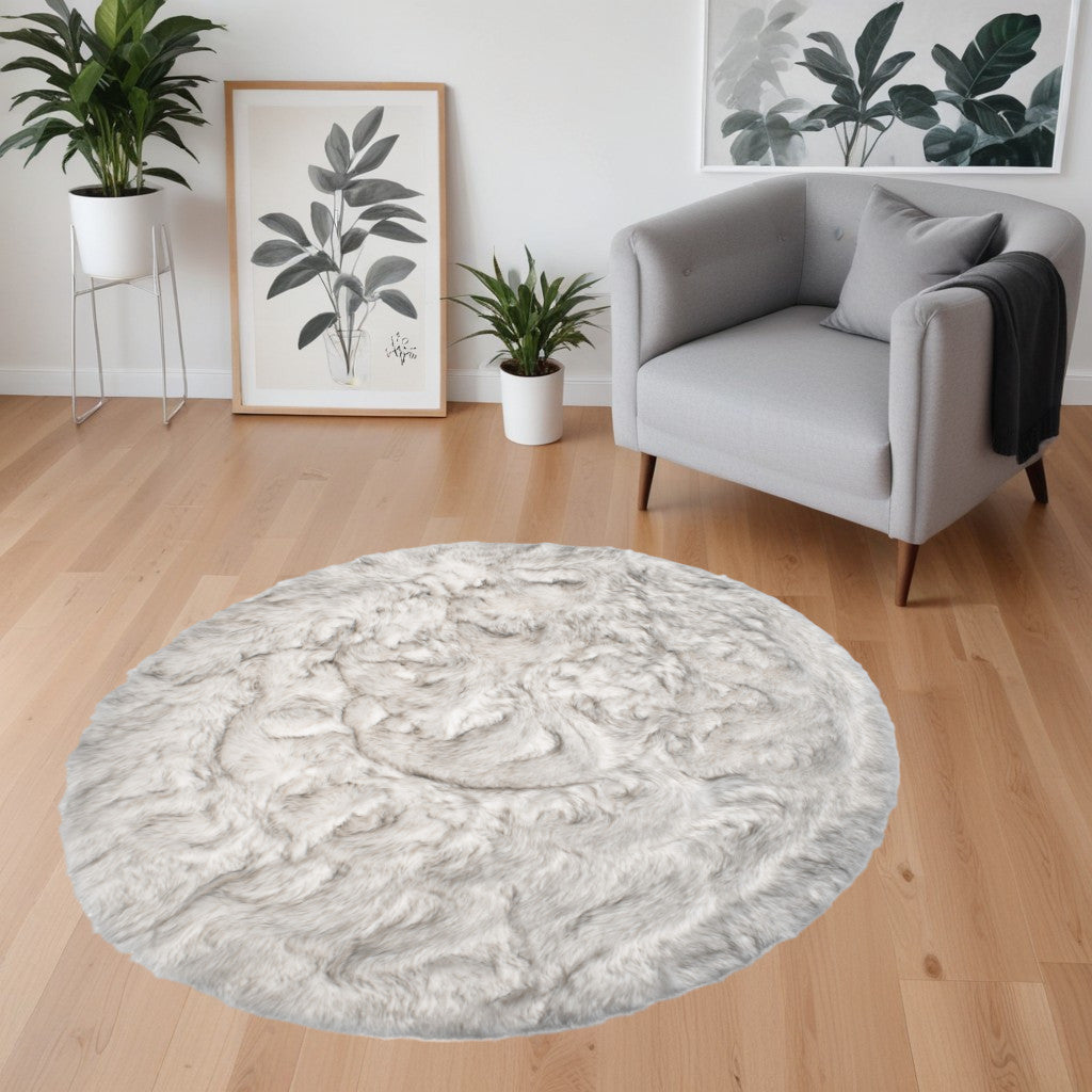 6' X 6' Ombre Grey Round Faux Fur Washable Non Skid Area Rug