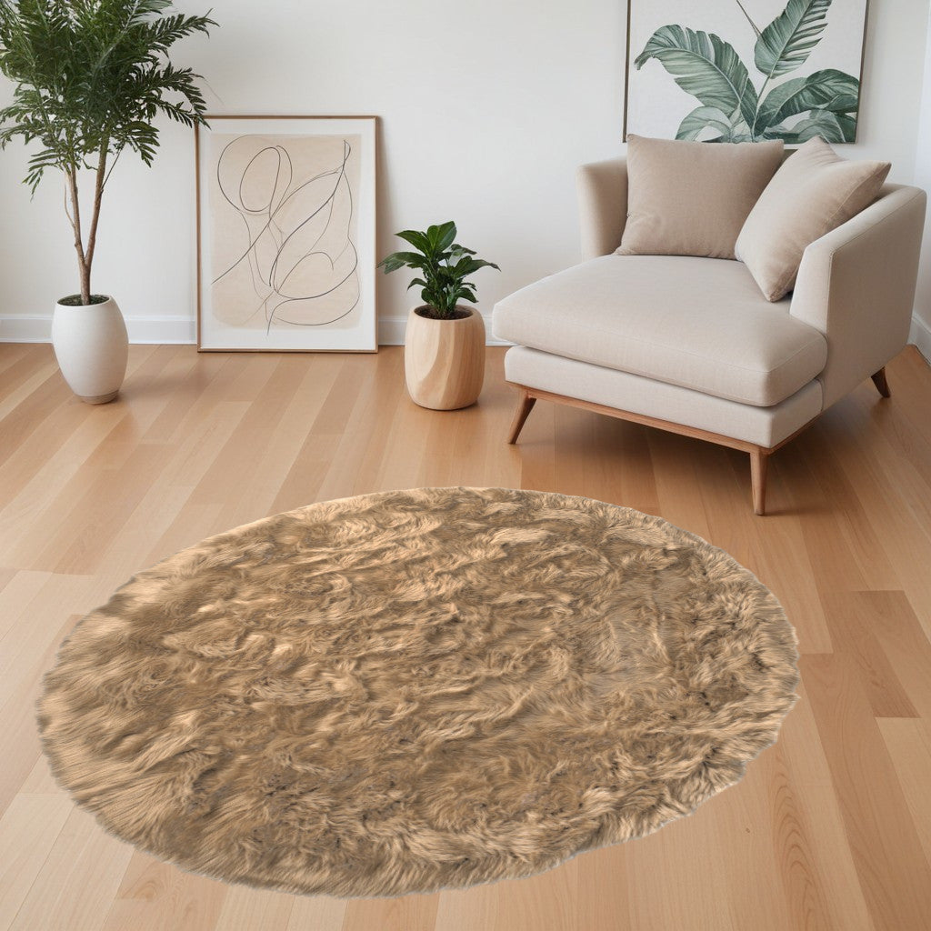 6' X 6' Tan Round Faux Fur Washable Non Skid Area Rug