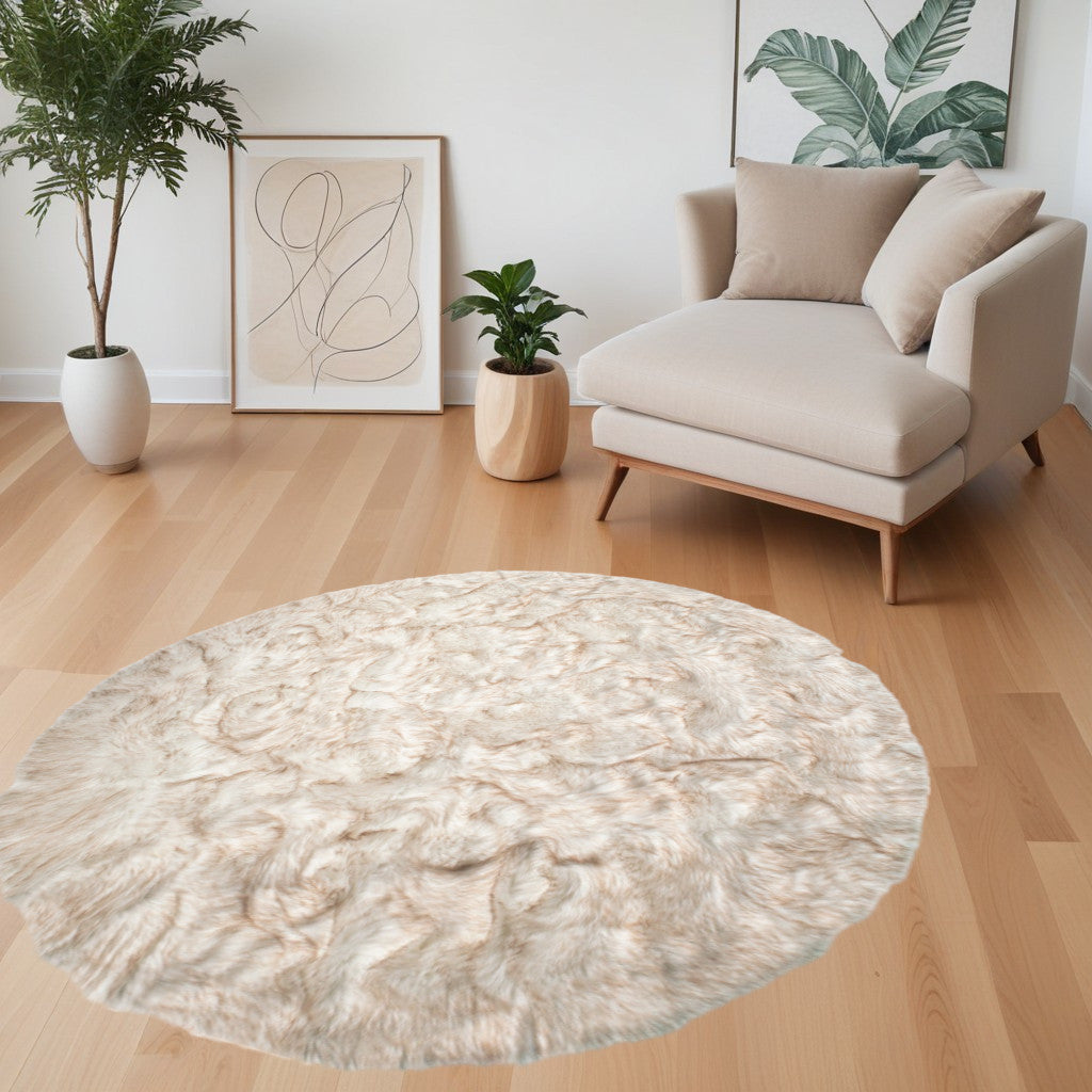 6' X 6' Ombre Tan Round Faux Fur Washable Non Skid Area Rug