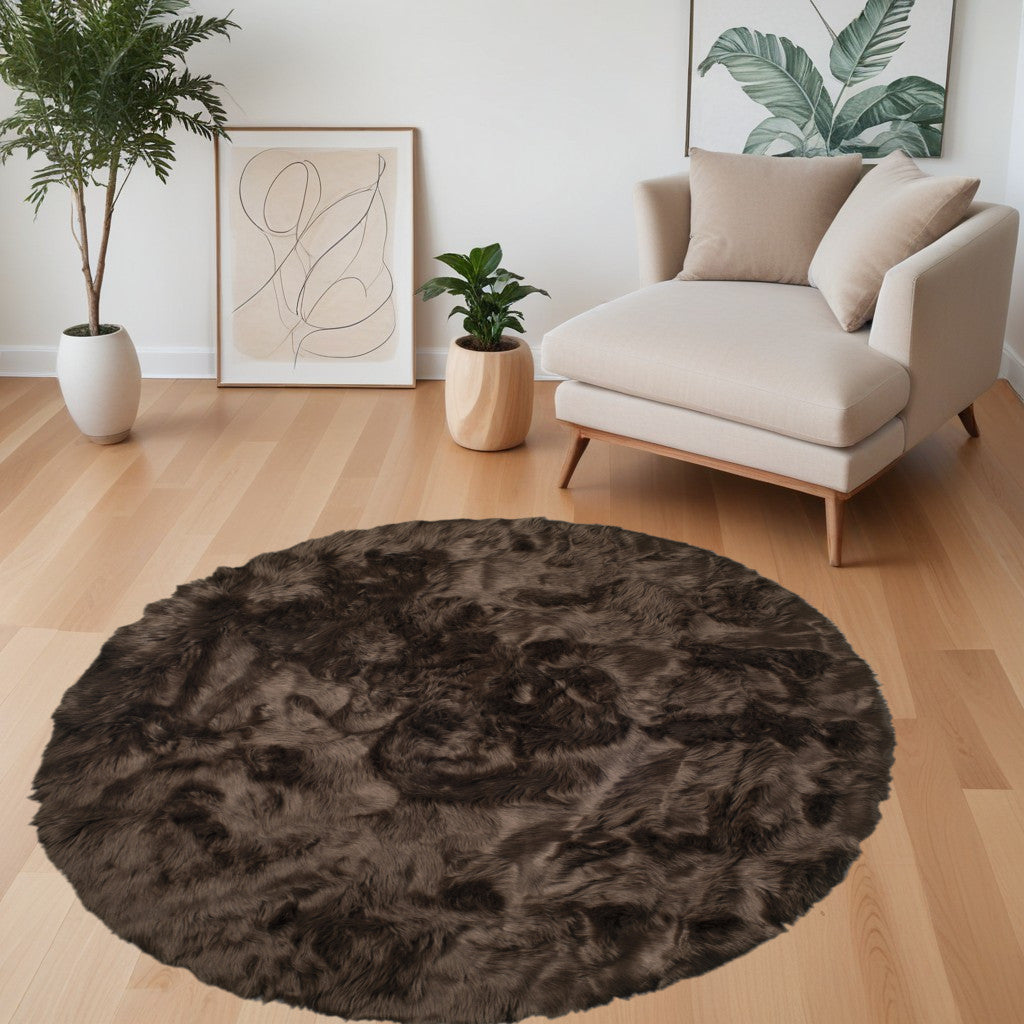 6' X 6' Chocolate Round Faux Fur Washable Non Skid Area Rug