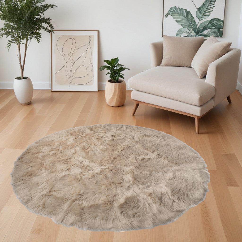 6' X 6' Taupe Round Faux Fur Washable Non Skid Area Rug