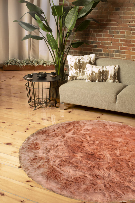 6' X 6' Dusty Rose Round Faux Fur Washable Non Skid Area Rug