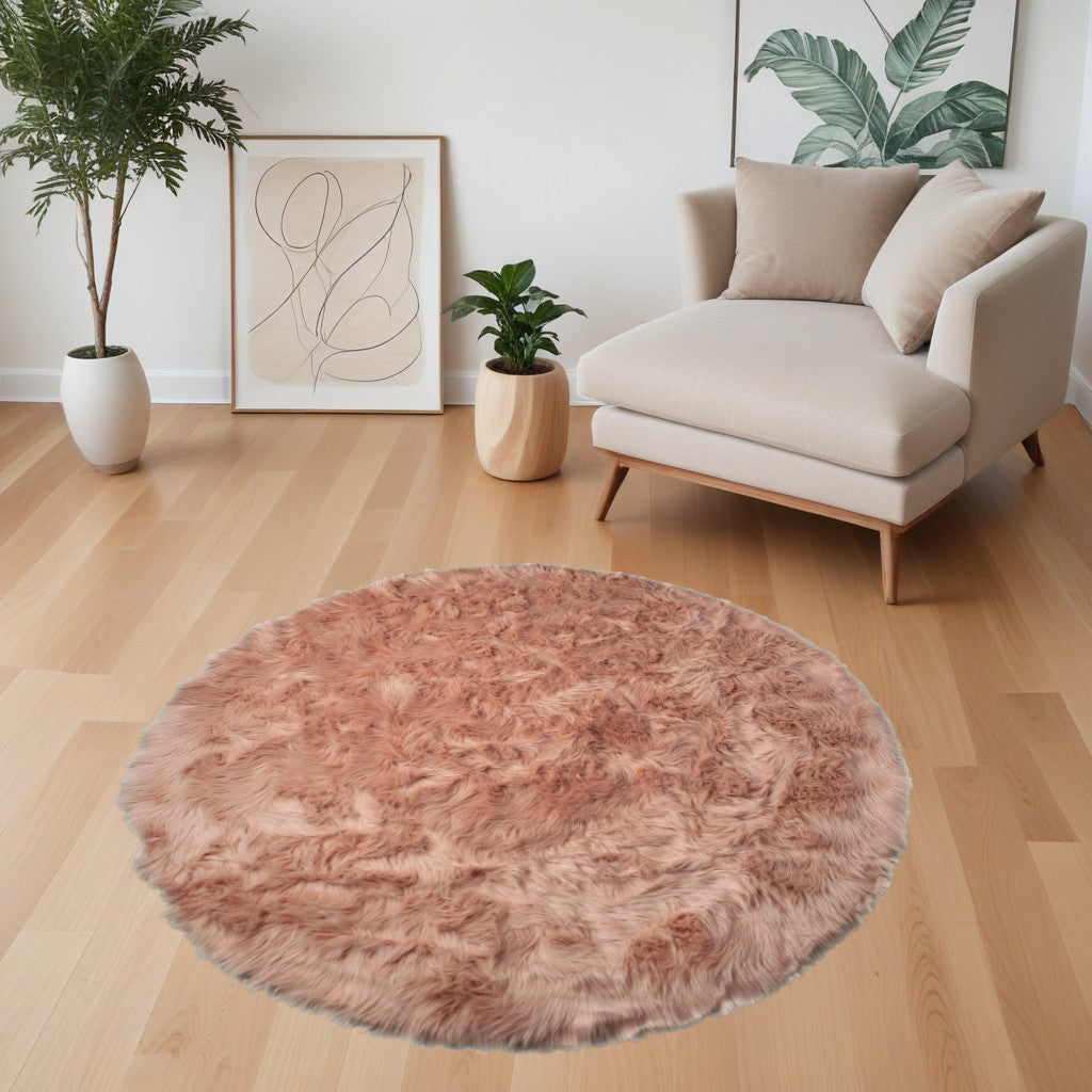 6' X 6' Dusty Rose Round Faux Fur Washable Non Skid Area Rug