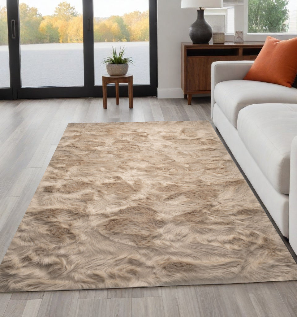 5' X 8' Taupe Faux Fur Non Skid Area Rug