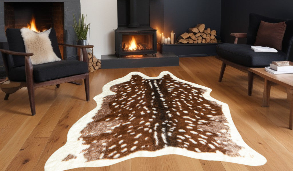 4' X 5' Off White And Brown Faux Cowhide Non Skid Area Rug